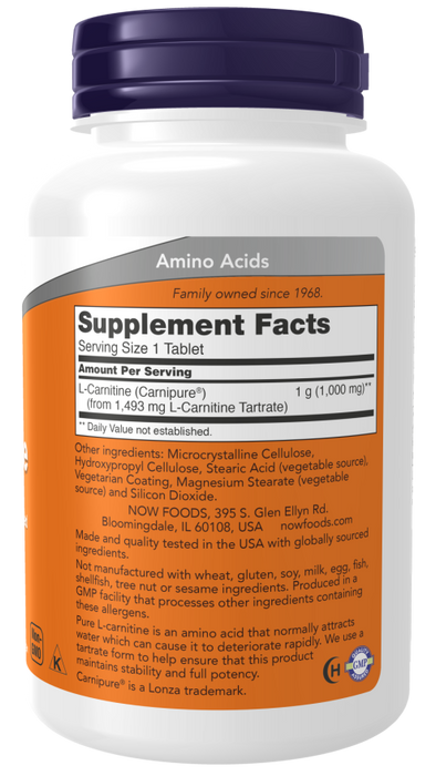 NOW Foods Carnitine Tartrate, 1000mg, 100 Tablets: Support for cellular energy and recovery. - Supplements at MySupplementShop by NOW Foods