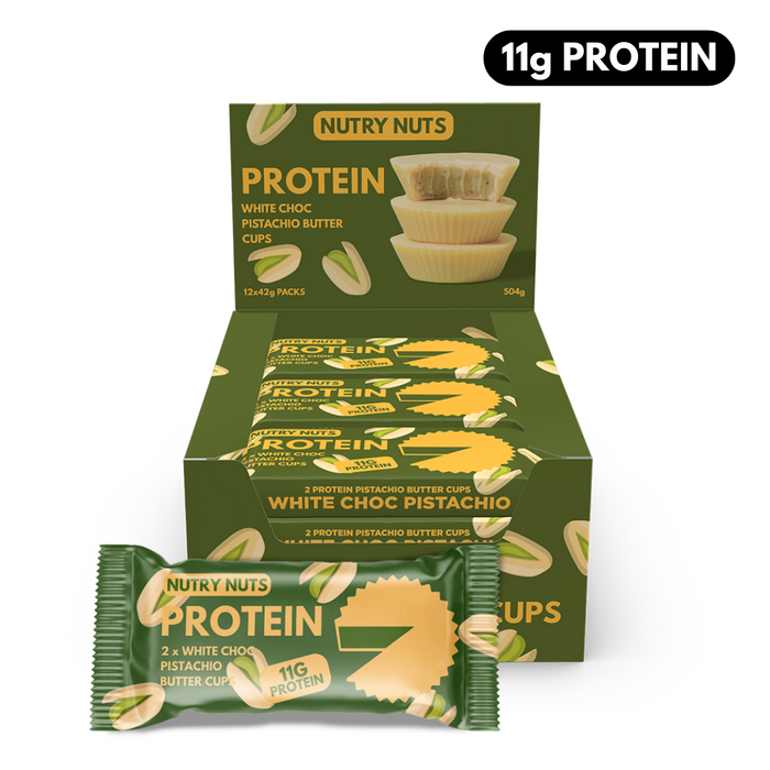 Nutry Nuts Protein-Butterbecher, 12 x 42 g, weiße Schoko-Pistazien