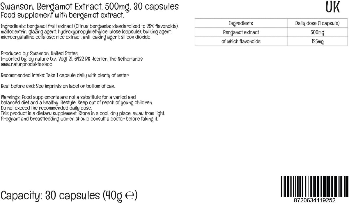 Swanson Bergamot Extract, 500mg - 30 vcaps - Sports Supplements at MySupplementShop by Swanson