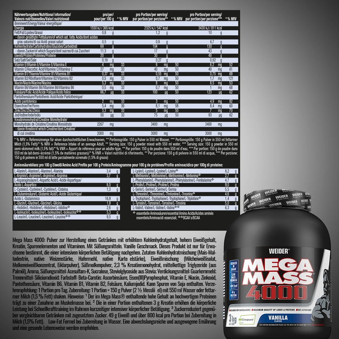 Weider Mega Mass 4000, Vanilla - 3000 grams - Weight Gainers & Carbs at MySupplementShop by Weider