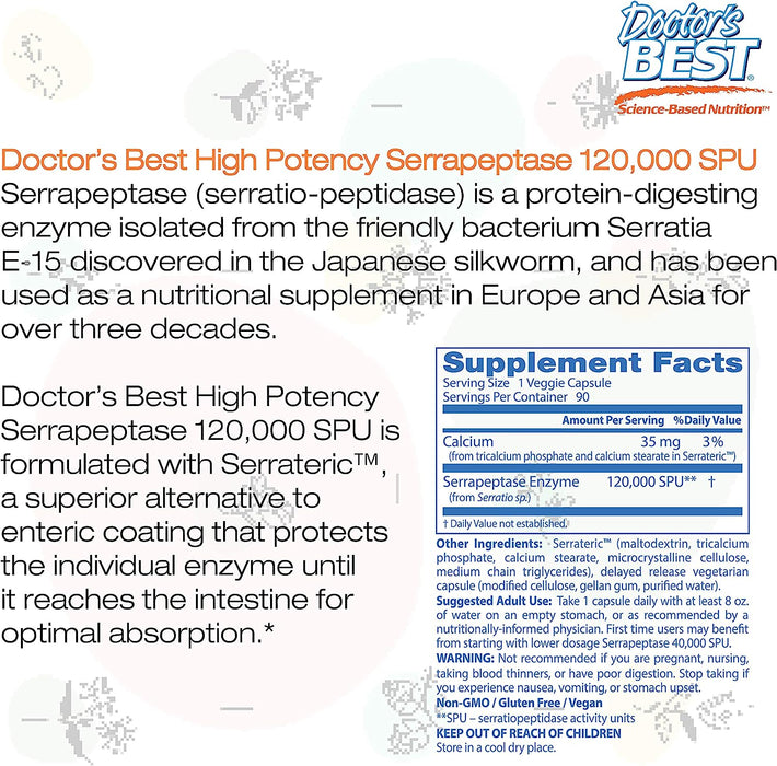 Doctor's Best Serrapeptase, 120 000 SPU High Potency - 90 vcaps - Health and Wellbeing at MySupplementShop by Doctor's Best