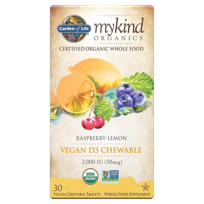 Garden of Life Mykind Organics Vegan D3 Kautabletten, 2000 IE (Himbeer-Zitrone) – 30 vegane Kautabletten
