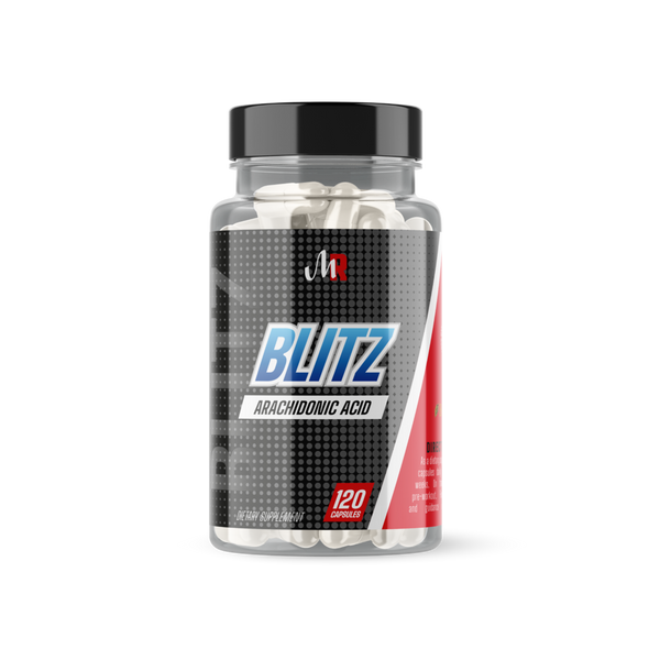 Muscle Rage Blitz arachidonic acid supplement with black pepper extract capsules in clear plastic bottle
