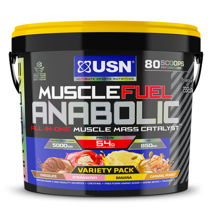 USN Muscle Fuel Anabolic 4kg | All-in-one Protein Powder - Variety Pack Peanut Caramel/Choc/Strawb/Banana - Whey Proteins at MySupplementShop by USN