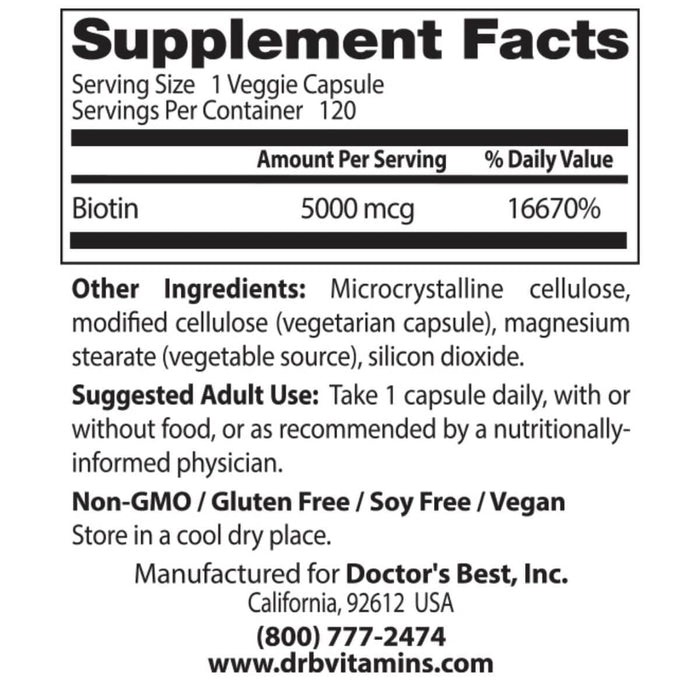 Doctor's Best Biotin 5,000mcg 120 Veggie Capsule - Health and Wellbeing at MySupplementShop by Doctor's Best