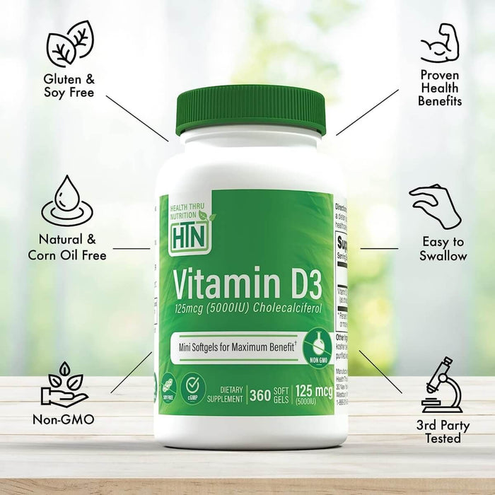 Health Thru Nutrition Vitamin D3 5,000iu (125mcg) 360 Softgels - Immune Support at MySupplementShop by Health Thru Nutrition