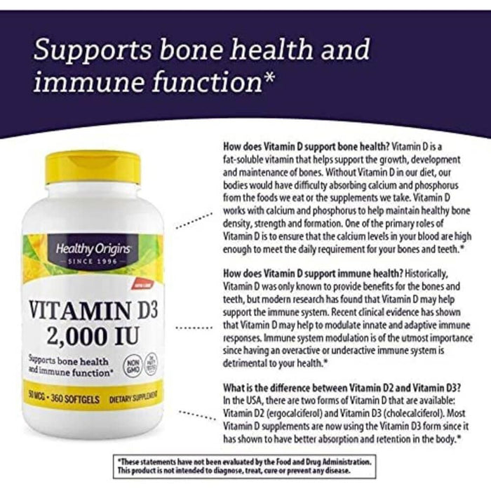 Healthy Origins Vitamin D3 2,000iu 360 Softgels - Immune Support at MySupplementShop by Healthy Origins