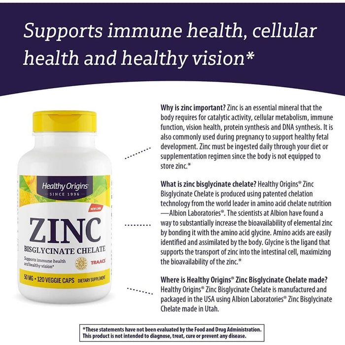 Healthy Origins Zinc Bisglycinate Chelate 50mg 120 Veggie Capsules - Eyes & Vision at MySupplementShop by Healthy Origins