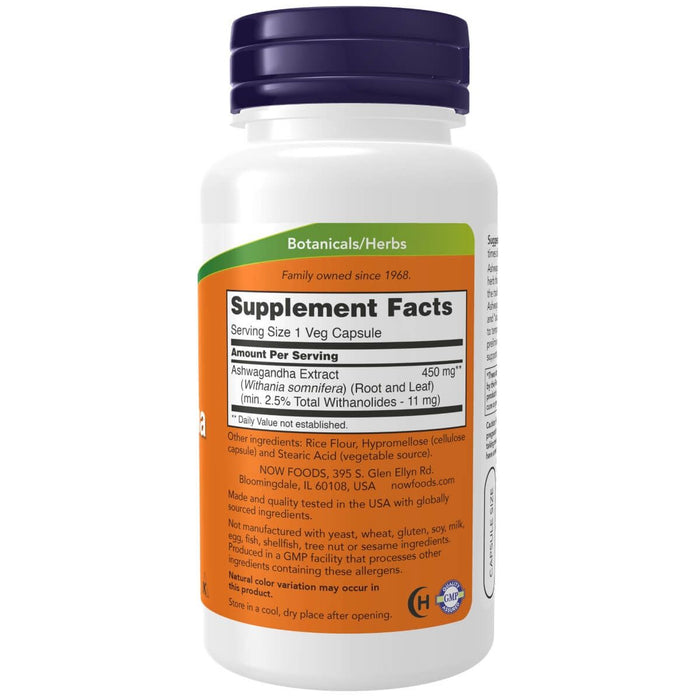 NOW Foods Ashwagandha 450 mg 90 Veg Capsules - Health and Wellbeing at MySupplementShop by Now Foods