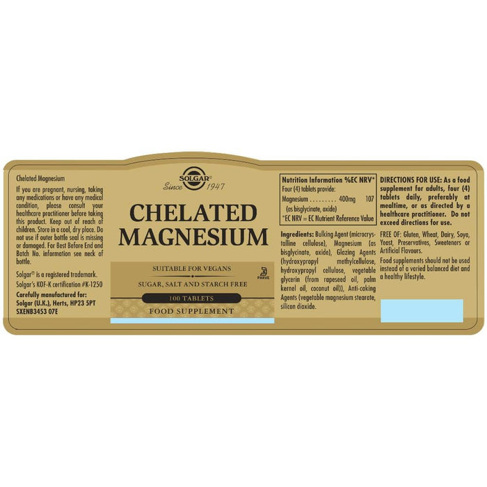 Solgar Chelated Magnesium Tablets Pack of 100 - Brain & Memory at MySupplementShop by UK Solgar