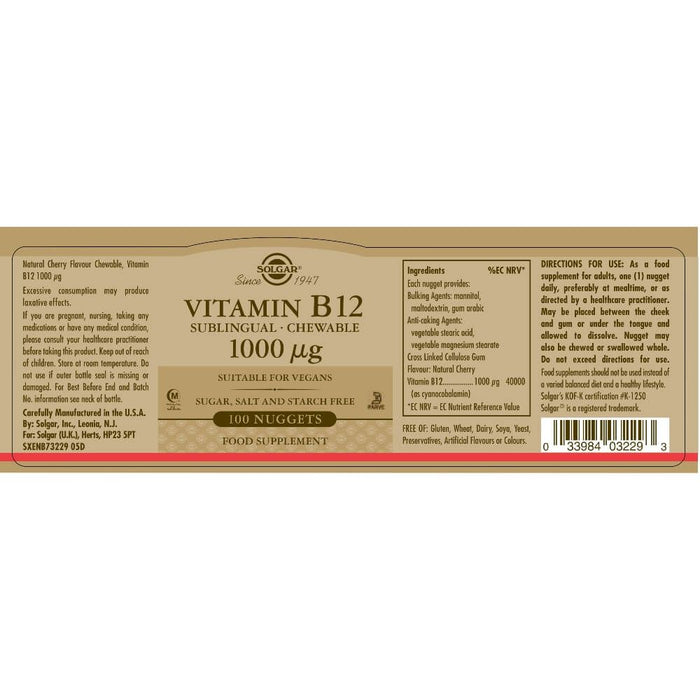 Solgar Vitamin B12 1000 µg Sublingual Chewable Nuggets Pack of 100 - Vitamin B at MySupplementShop by Solgar