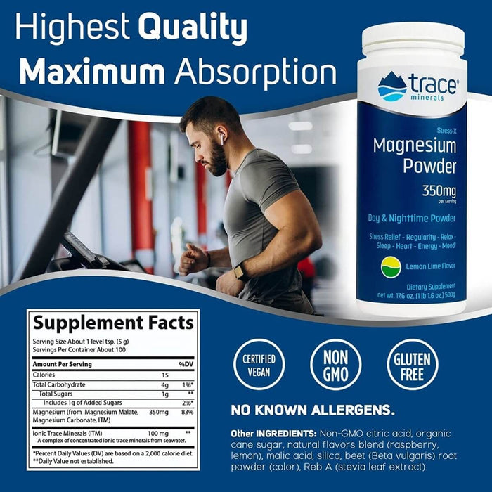 Trace Minerals Stress-X Magnesium Powder 350mg Lemon-Lime Flavour 500g - Energy & Vitality at MySupplementShop by Trace Mineral Research