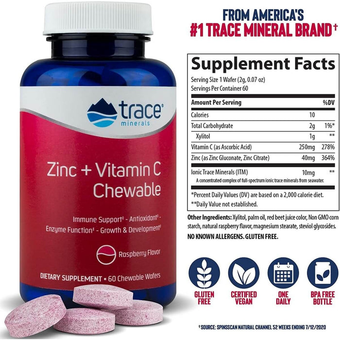 Trace Minerals Zinc and Vitamin C Raspberry 60 Chewables - Immune Support at MySupplementShop by Trace Mineral Research