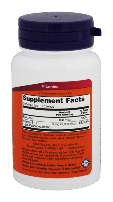 NOW Foods Vitamin B-12 with Folic Acid, 5000mcg - 60 lozenges - Vitamins & Minerals at MySupplementShop by NOW Foods