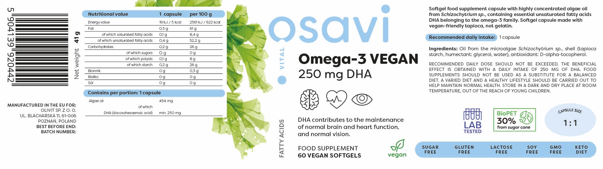 Osavi Omega-3 Vegan, 250mg DHA - 60 vegan softgels - Omegas, EFAs, CLA, Oils at MySupplementShop by Osavi