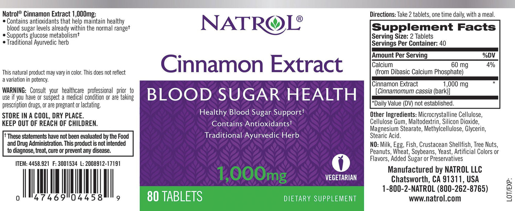 Natrol Cinnamon Extract, 1000mg - 80 tabs - Health and Wellbeing at MySupplementShop by Natrol