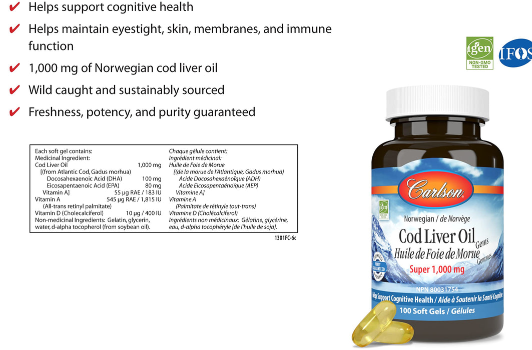 Carlson Labs Wild Norwegian Cod Liver Oil Gems, 1000mg - 100 softgels - Omegas, EFAs, CLA, Oils at MySupplementShop by Carlson Labs